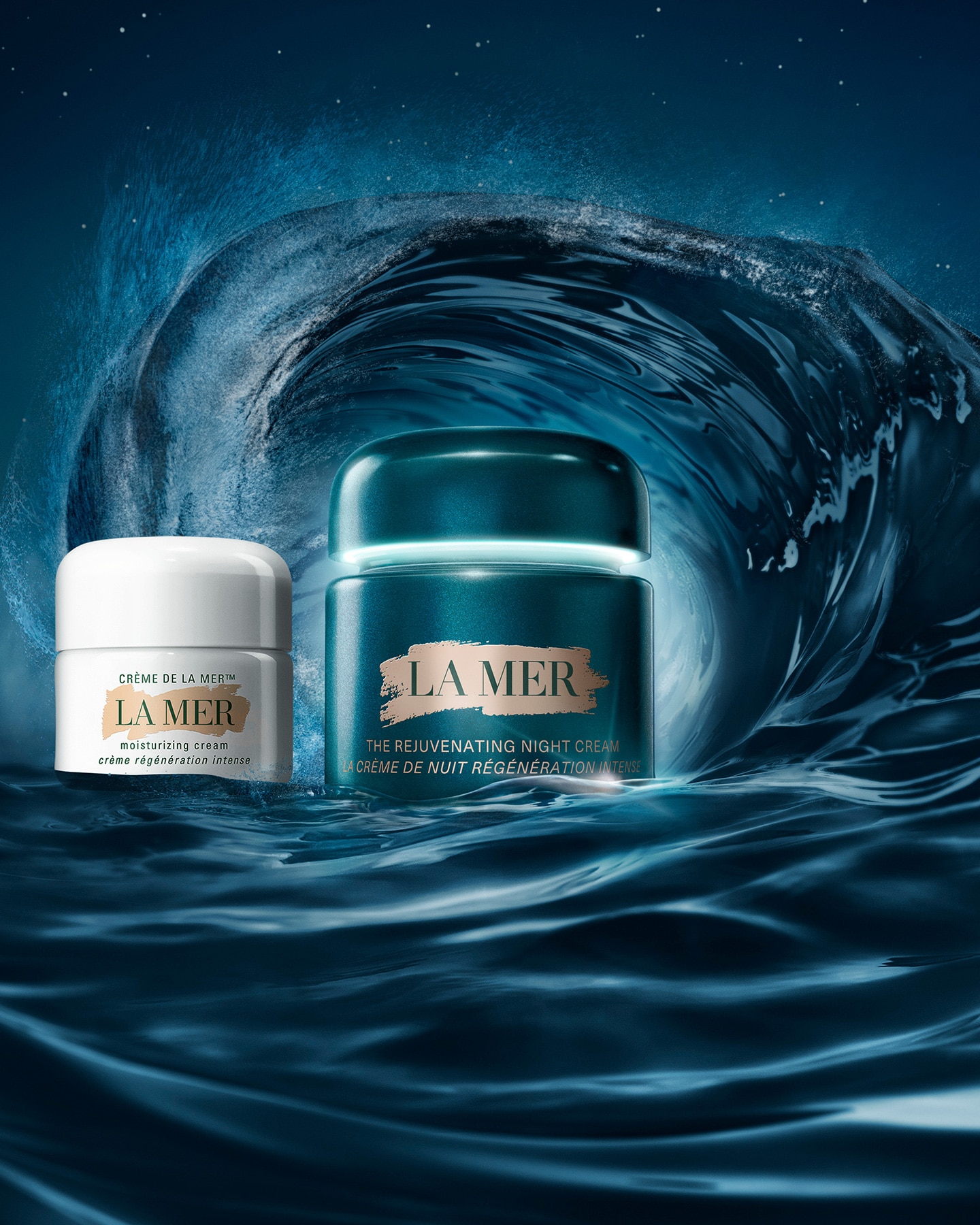 The New Rejuvenating Night Cream with animating 15ml Moisturisers either side, nested under a large wave in the sea 